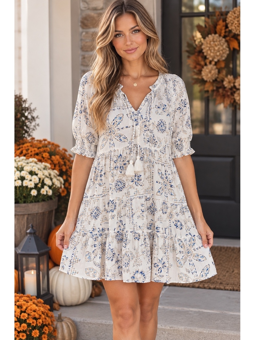 Sonoma Goods For Life Floral Cotton Blend Tiered Tassel Mini Dress M NWT